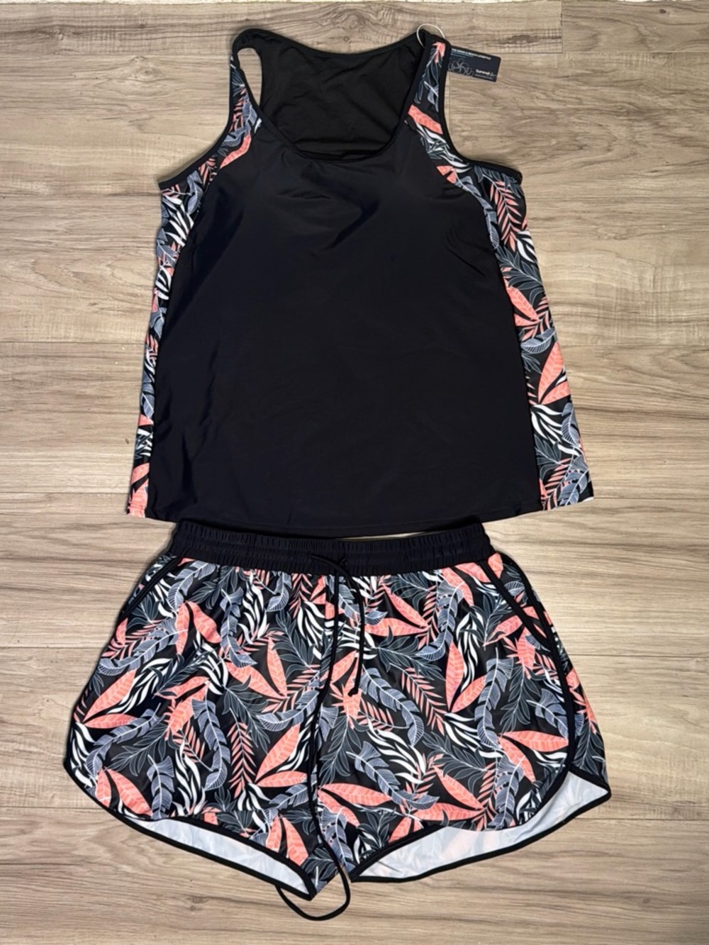 Beach Black Tank and Tropical Print Running Shorts Set
